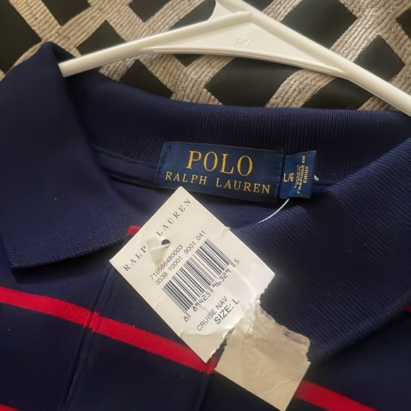 Plaid polo collared long sleeve navy blue red stripes with white horse - Picture 4 of 5